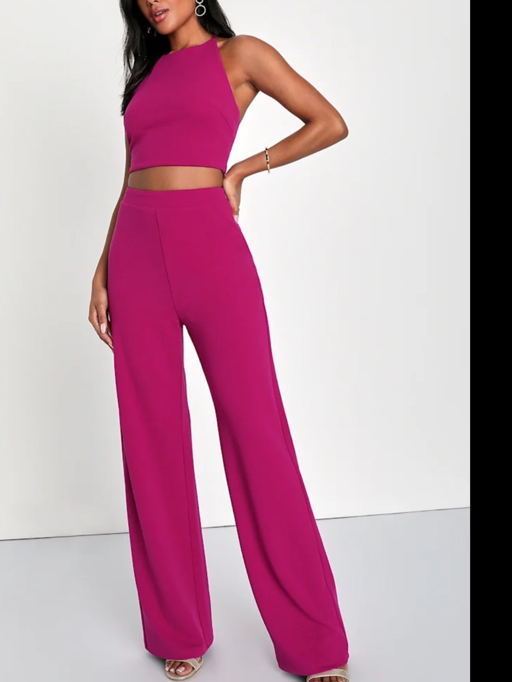 Women's Magenta High-Waist Wide-Leg palazzo Pants Crop Top matching Set small